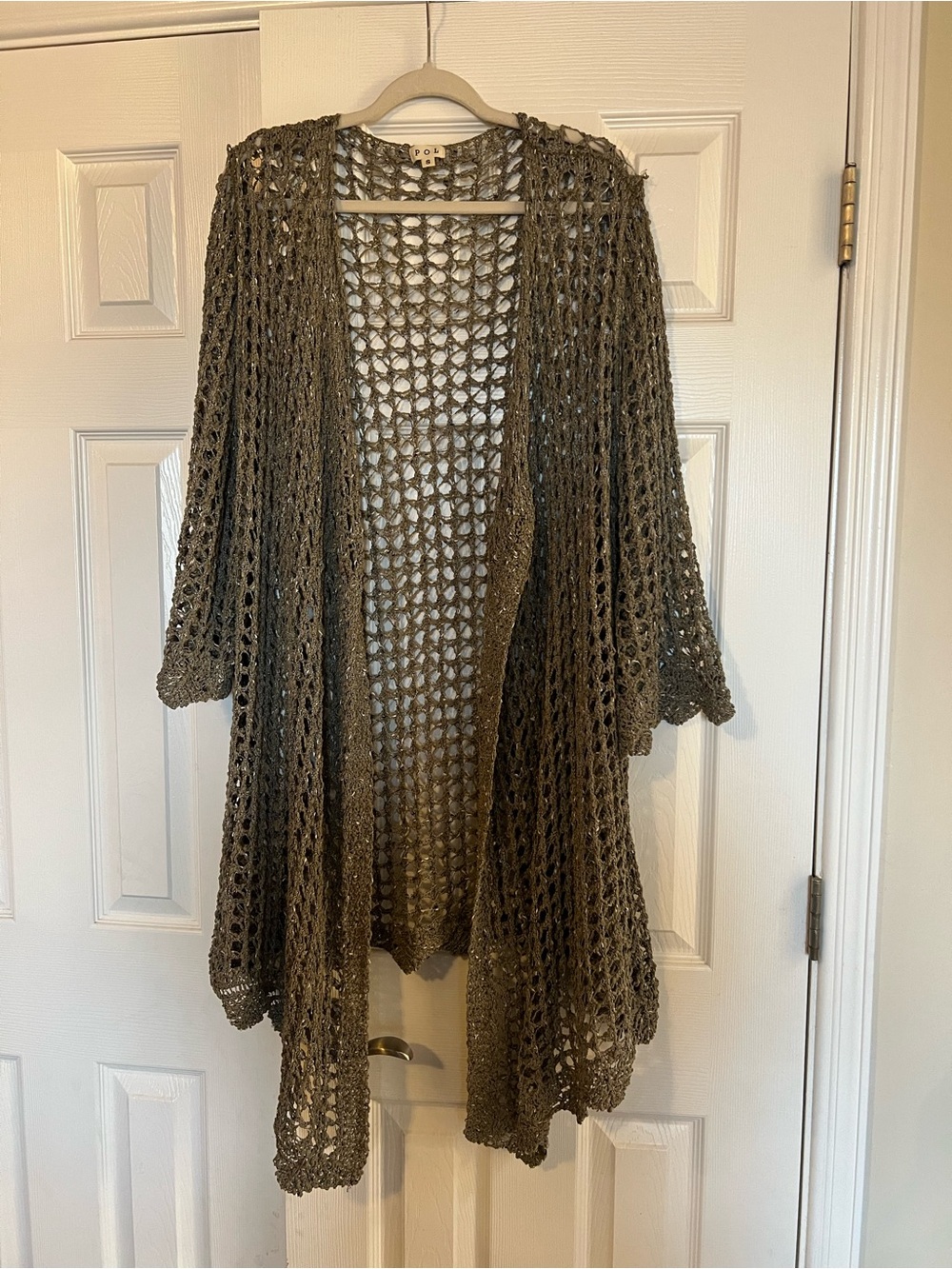 POL Open-Knit Long Cardigan in Olive